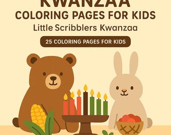 May include: A Kwanzaa-themed illustration featuring a brown bear and a beige rabbit flanking a kinara with lit candles. The bear holds corn, and the rabbit has a basket of red fruit. Text at the top reads "Kwanzaa Coloring Pages for Kids."