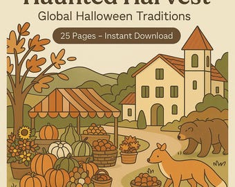 May include: An illustration titled "Haunted Harvest" with the subtitle "Global Halloween Traditions." The image features a fall harvest scene with pumpkins, a market stall, a house, and a fox and bear. The text indicates it is a 25-page instant download.
