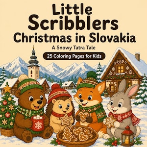 以下が含まれることがあります： Little Scribblers Christmas in Slovakia: A Snowy Tatra Tale, 25 Coloring Pages for Kidsというタイトルの塗り絵。表紙には、雪の降る村の山々を背景に、茶色のクマ、ハリネズミ、キツネ、ウサギが描かれており、クリスマスツリーやクッキーも添えられています。