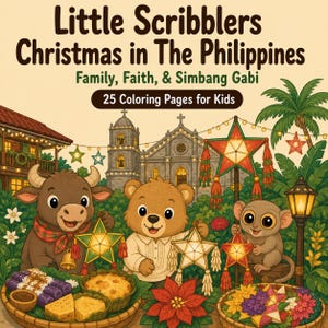 以下が含まれることがあります： 「Little Scribblers Christmas in The Philippines: Family, Faith, & Simbang Gabi」というタイトルの子供向け塗り絵。表紙には、教会の前でパロル（星型の提灯）を持つ茶色のカラバオ、クマ、メガネザルが描かれており、25枚の塗り絵ページが含まれています。