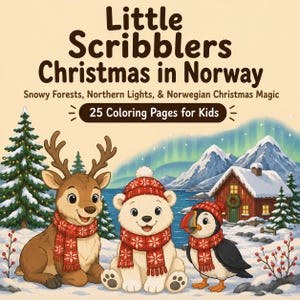 May include: A coloring book titled Little Scribblers Christmas in Norway with 25 Coloring Pages for Kids. The cover features a reindeer, a polar bear, and a puffin wearing red patterned scarves and hats in a snowy landscape with a cabin.