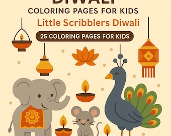 May include: A Diwali-themed illustration featuring an elephant, peacock, mouse, lotus flower, and oil lamps. The text reads "Diwali Coloring Pages for Kids" and "Little Scribblers Diwali" with a note of 25 coloring pages.