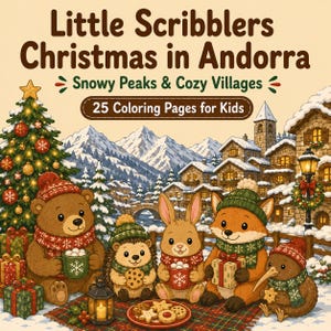 Op de afbeelding: Een kleurboekcover getiteld Little Scribblers Christmas in Andorra met een versierde kerstboom, een besneeuwd bergdorp en vijf geïllustreerde dieren, waaronder een beer, egel, konijn, vos en kiwi die kerstlekkernijen vasthouden.