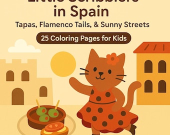 May include: Illustration for a children's coloring book titled "Little Scribblers in Spain." The image features a cartoon cat in a polka-dot dress, tapas, and Spanish architecture. The book contains 25 coloring pages for kids.