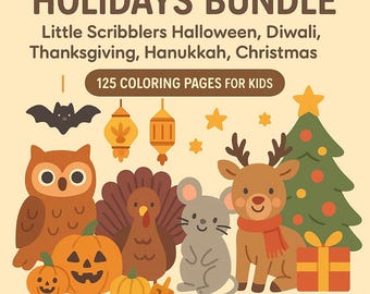 May include: A digital illustration featuring holiday-themed characters and objects, including a bat, owl, pumpkins, turkey, mouse, reindeer, Christmas tree, and gift. The text reads "Holidays Bundle" and "125 Coloring Pages for Kids."