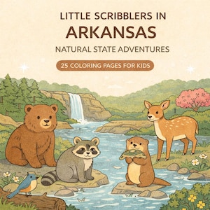 May include: A coloring book cover with the text "Little Scribblers in Arkansas" and "Natural State Adventures." The illustration features a bear, raccoon, deer, and otter near a waterfall and river. Includes 25 coloring pages for kids.
