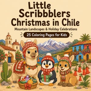以下が含まれることがあります： Little Scribbblers Christmas in Chile Mountain Landscapes & Holiday Celebrations 25 Coloring Pages for Kidsというタイトルの塗り絵で、チリの風景の中で冬の帽子をかぶったラマ、ペンギン、キツネのイラストが描かれています。
