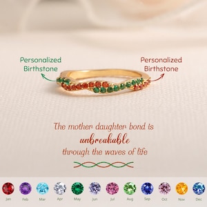 Mother & Daughter Double Birthstones Wave Ring, Personalized Two Birthstone Jewelry, Unique Birthday Gift