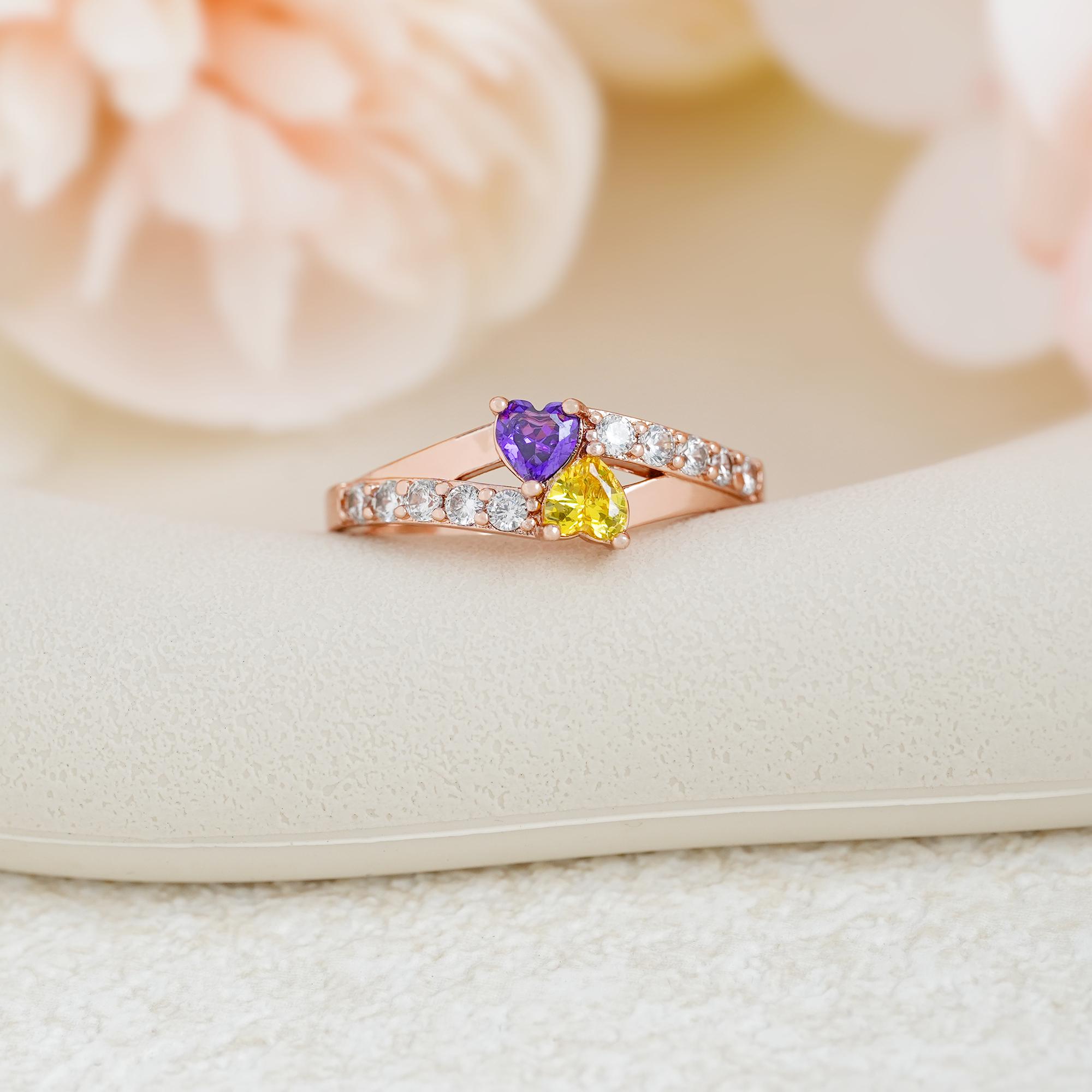 Personalized Two Heart Cut Birthstone Ring, Mother Daughter Jewelry ...