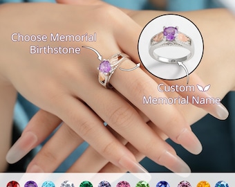 Anillo conmemorativo personalizado con piedra de nacimiento: alas de ángel, nombre personalizado, regalo de San Valentín
