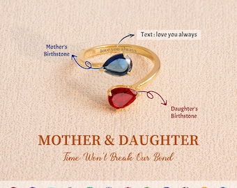 Personalized Two Birthstone Ring, Mother Daughter Jewelry