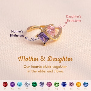 May include: A gold-colored ring with a purple and pink gemstone design. The ring is labeled "Mother & Daughter" with the text "Our hearts stick together in the ebbs and flows." Below are birthstone options for each month.