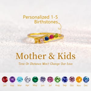 May include: A gold ring with a row of colorful birthstones. The ring is personalized with 1-5 birthstones. The text "Mother & Kids" and "Time Or Distance Won't Change Our Love" are also displayed. A selection of birthstones is shown below.