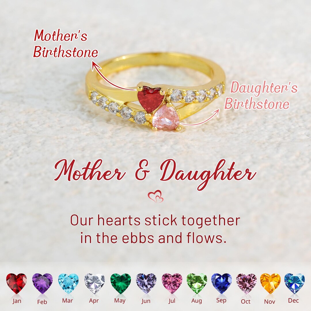 Personalized Two Heart Cut Birthstone Ring, Mother Daughter Jewelry ...