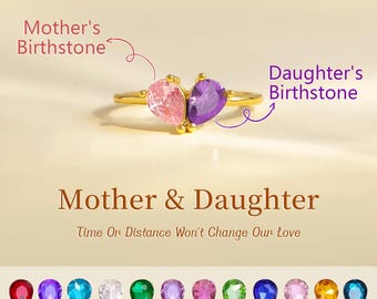 Mother And Daughter Dual Teardrop Birthstone Heart Ring, Personalized Birthstone Jewelry, Unique Birthday Gift