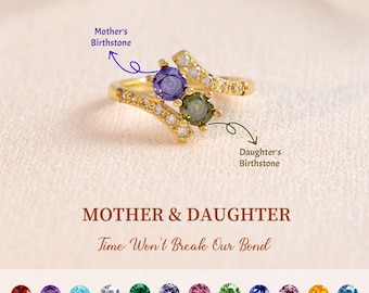 Personalized Two Round Cut Birthstone Ring, Mother & Daughter Time Won't Break Our Bond, Valentine's Day gift, Mother's Day Gift
