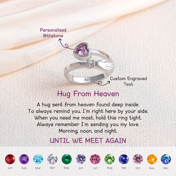 Personalized Heart Birthstone Hug Ring, Memorial Keepsake Grief Jewelry