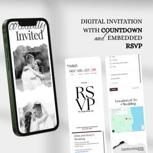 Digitale WEBSITE Hochzeitseinladungsvorlage mit eingebettetem Countdown, Canva Anpassbare Hochzeitsansage mit Antwortkarte und Antwortkarte
