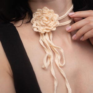 Butter Creamy Crochet Flower Choker, Boho Silk Long Necklace, Hand Knit Rose Choker, Festival Floral Headband, Handmade Trendy Necklace