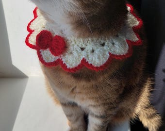 May include: A tabby cat wearing a handmade crochet collar with a red and white scalloped design and a red bow. A matching crochet butterfly is in the foreground. The cat is looking up, bathed in sunlight.