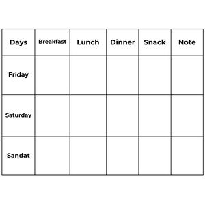May include: A white weekly meal planner with a grid layout. The top of the planner reads "Weeky Meal Planner (2/2)". The grid is divided into columns for Days, Breakfast, Lunch, Dinner, Snack, and Note. The rows are labeled for Friday, Saturday, and Sandat.
