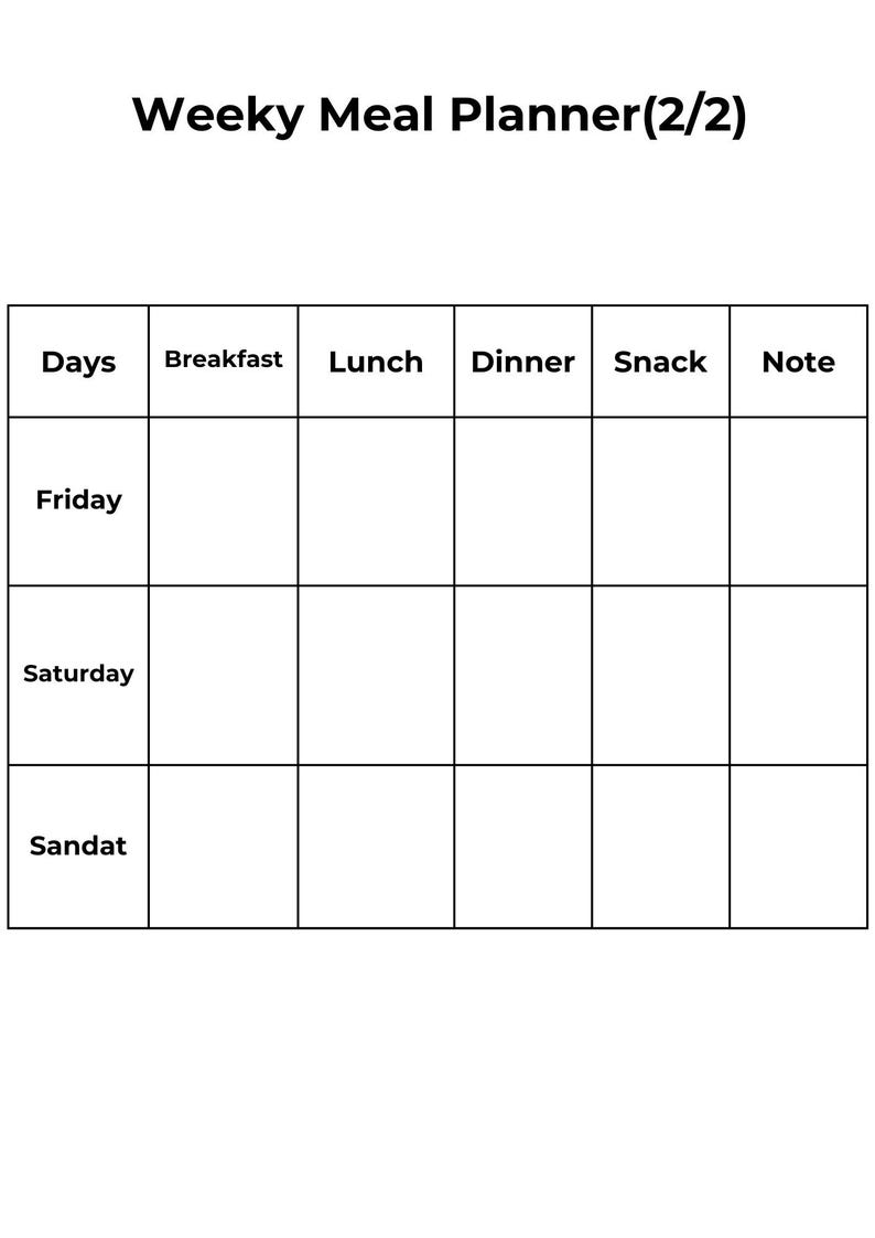 May include: A white weekly meal planner with a grid layout. The top of the planner reads "Weeky Meal Planner (2/2)". The grid is divided into columns for Days, Breakfast, Lunch, Dinner, Snack, and Note. The rows are labeled for Friday, Saturday, and Sandat.