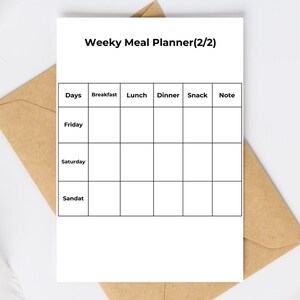 May include: A white weekly meal planner with a grid for each day of the week, including Friday, Saturday, and Sunday. The planner has sections for breakfast, lunch, dinner, snacks, and notes. The planner is on a brown envelope.