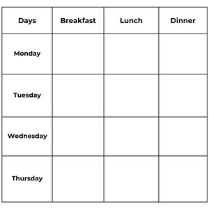 May include: A white weekly meal planner with black grid lines and text. The top of the planner reads "Weeky Meal Planner (1/2)". The planner is divided into sections for days, breakfast, lunch, and dinner.