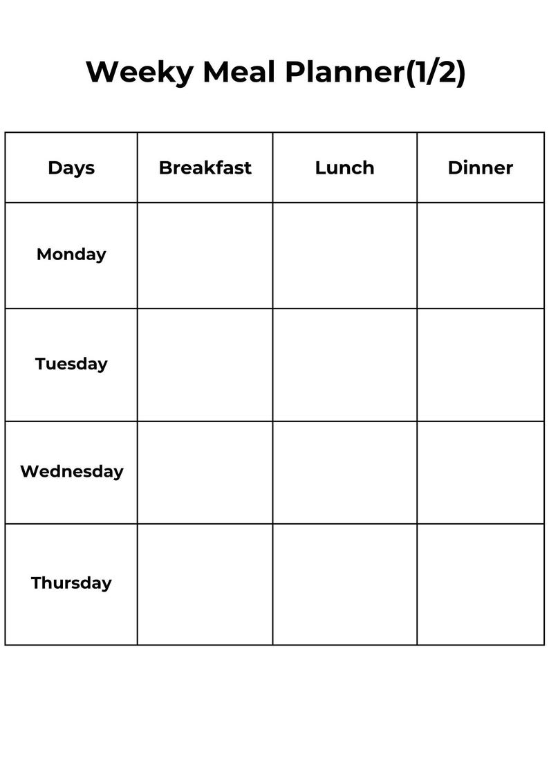May include: A white weekly meal planner with black grid lines and text. The top of the planner reads "Weeky Meal Planner (1/2)". The planner is divided into sections for days, breakfast, lunch, and dinner.