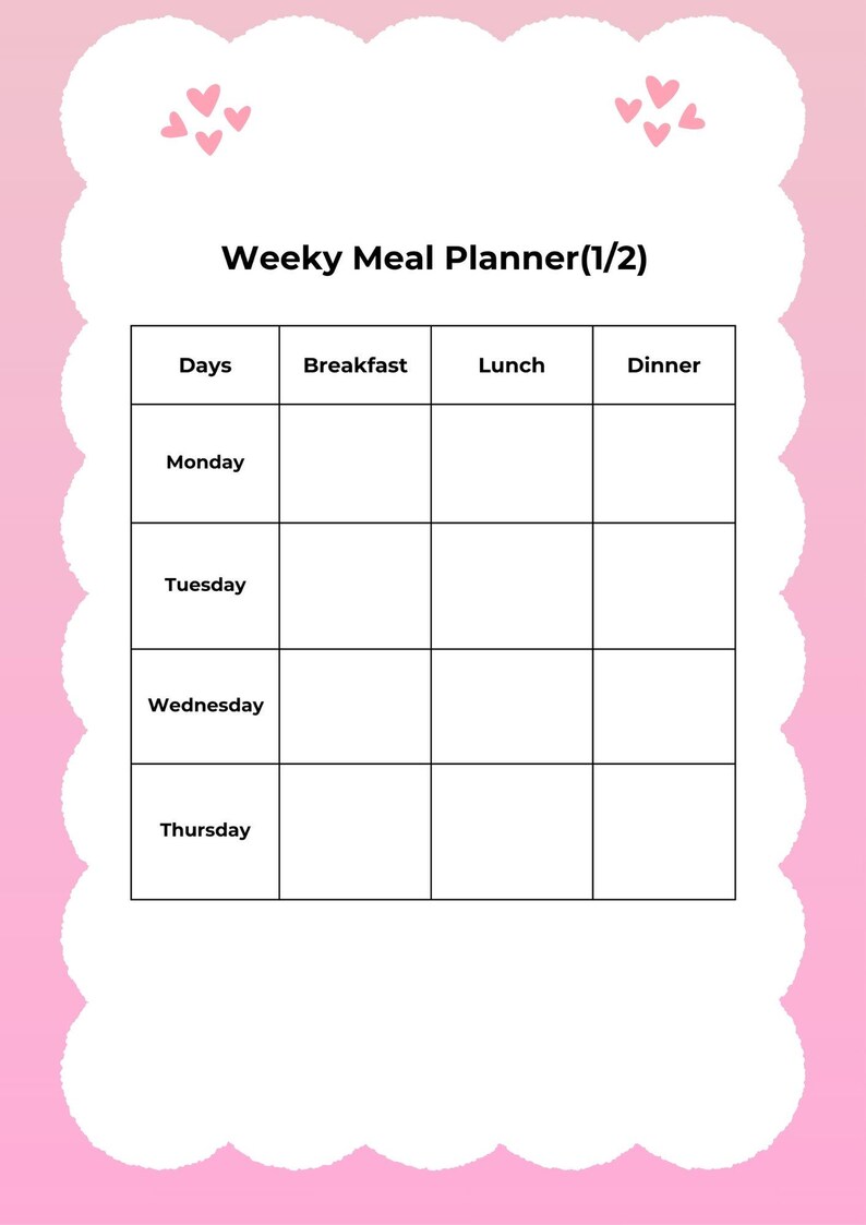 May include: A pink weekly meal planner with a white cloud border and small pink hearts. The planner includes sections for days of the week, breakfast, lunch, and dinner. The text "Weekly Meal Planner (1/2)" is at the top.