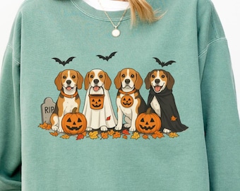 Beagle Halloween Sweatshirt, niedlicher Hundeliebhaber Herbst Rundhalsausschnitt, Beagle Mom gruseliges Saison Shirt, lustiges Beagle Geist Kürbis Sweatshirt, B079