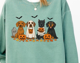 Halloween Dachshund Sweatshirt, Cute Wiener Dog Ghost Pumpkin Crewneck, Spooky Sausage Dog Mom Fall Top, Vintage Dog Lover Graphic Tees B076