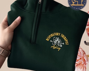 Sweat-shirt brodé RT pour thérapeute respiratoire, fermeture éclair 1/4 coeur d'infirmière personnalisé, J110