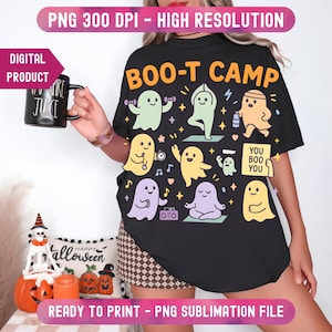 May include: Black t-shirt with the text "BOO-T CAMP" and cartoon ghosts in various fitness poses. The shirt also has the text "YOU BOO YOU". The image includes a black mug that says "JUICE". The image is a digital product.