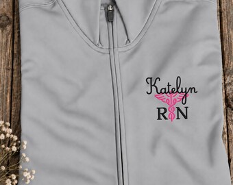 Embroidered Registered Nurse Name Full Zip Jacket, RN Medical Healthcare Crewneck