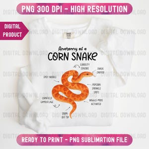 May include: White sweatshirt with a detailed illustration of a corn snake, labelled with anatomical features. The text "Anatomy of a Corn Snake" is above the snake. The design includes the text "PNG 300 DPI - HIGH RESOLUTION" and "READY TO PRINT - PNG SUBLIMATION FILE".