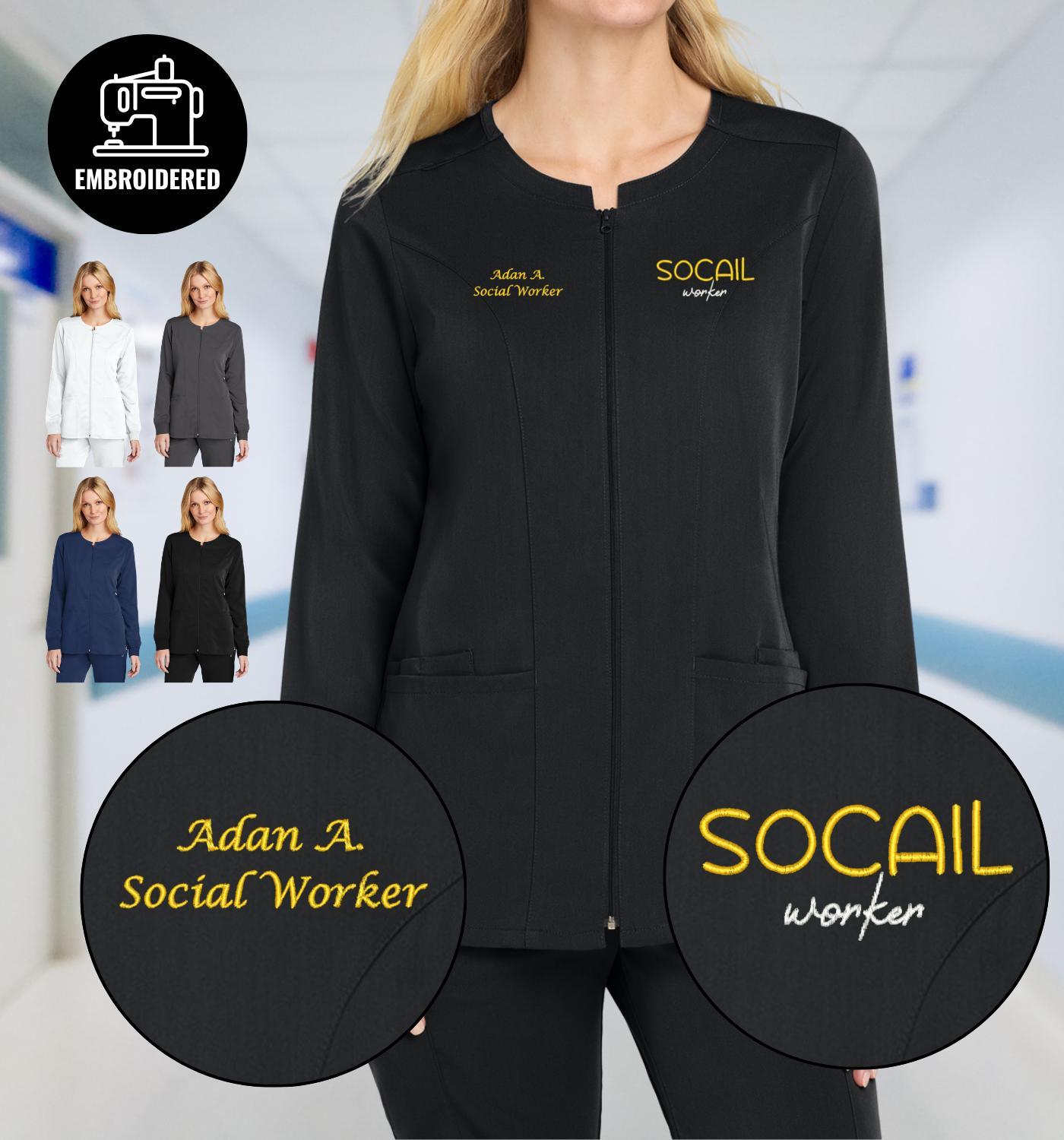 Custom Embroidered Social Worker Full Zip Scrub Top, Personalized