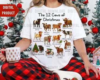 Christmas Cow Breeds PNG, 12 Cattle in Santa Hats Design, Farmhouse Clipart, Transparent for Sublimation & Stickers