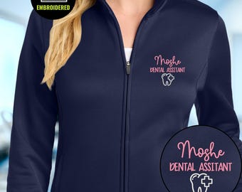 Dental Assistant Embroidered Full Zip Fleece, Personalized Name and Tooth Design, Dental Office Staff Workwear Gift