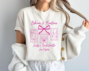 Camiseta de despedida de soltera con bikinis y martinis, camiseta personalizada para el equipo de la novia, camiseta personalizada para despedida de soltera, camiseta para despedida de soltera, A134