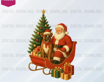 Cane Boxer con slitta di Babbo Natale, PNG digitale di Natale, Clipart a sublimazione per amanti dei cani, Design natalizio per le vacanze, Download istantaneo