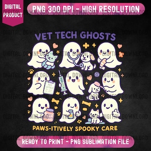 Puede incluir: Un diseño digital con fantasmas de dibujos animados con temática de técnico veterinario. Los fantasmas sostienen herramientas médicas y mascotas, con el texto "VET TECH GHOSTS" y "PAWS-ITIVELY SPOOKY CARE". El diseño está listo para imprimir.