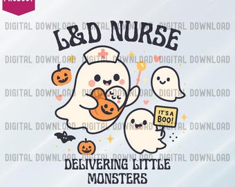L&D Nurse Ghost PNG, Labor and Delivery Halloween Clipart, It's a Boo Ghost Design, Söt Nurse Baby PNG, Spooky Motherland RN Konst
