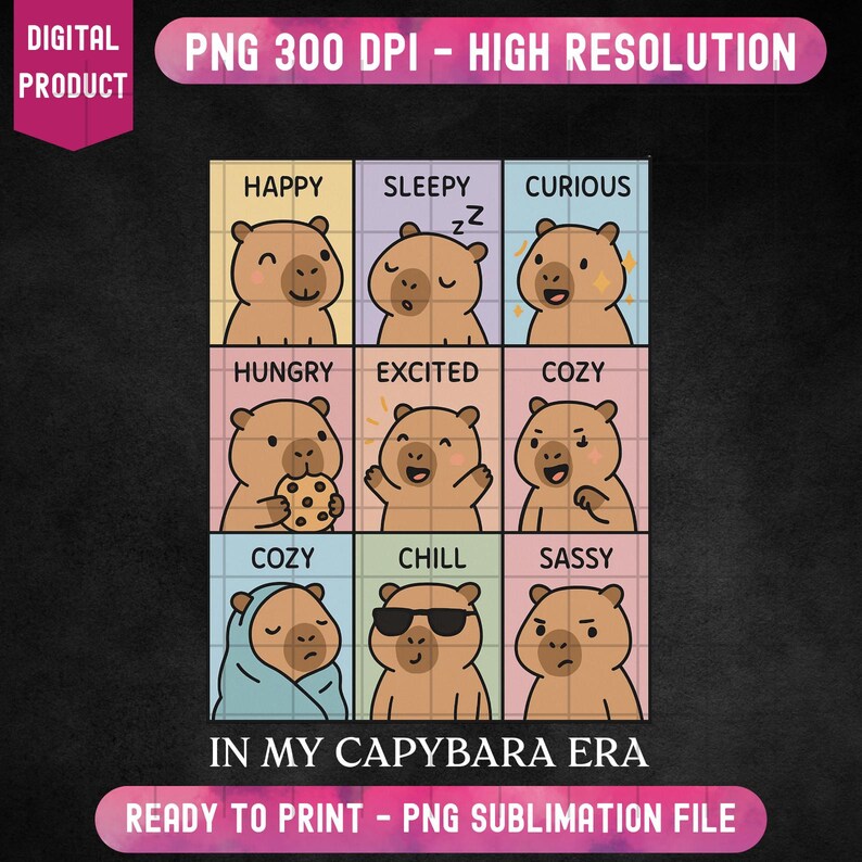 May include: A digital product featuring a grid of nine capybara illustrations, each expressing a different emotion: happy, sleepy, curious, hungry, excited, cozy, chill, and sassy. The phrase "IN MY CAPYBARA ERA" is included. The product is a PNG sublimation file.