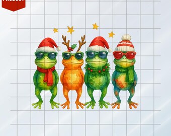 Arte festivo de ranas con gafas, clipart de pegatinas, rana kawaii navideña PNG, sublimación de camisetas, descarga digital
