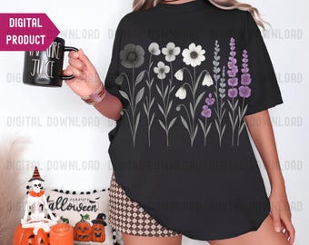May include: Black t-shirt featuring a floral design with gray and purple flowers. The shirt has the text "PNG 300 DPI - HIGH RESOLUTION" and "READY TO PRINT - PNG SUBLIMATION FILE". A black mug with "JUICE" is held in the image.