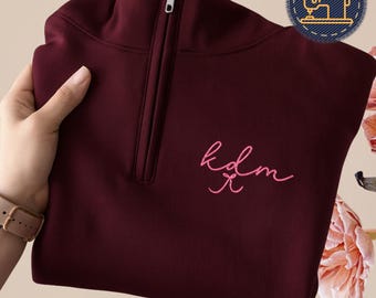 Embroidered Monogram Quarter Zip Sweatshirt, Personalized Name Initial Pullover, J120