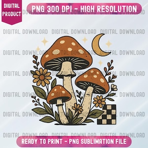 Mushroom Halloween PNG, Spooky Forest Fungi Clipart, Cottagecore Toadstool Digital Art, Fall Floral Sublimation Design for Crafts