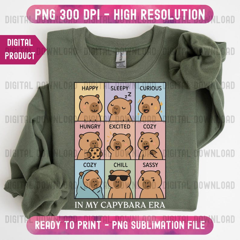 May include: An olive green sweatshirt featuring a grid of nine capybara illustrations, each depicting a different emotion. The text "IN MY CAPYBARA ERA" is below the grid. The top of the image reads "PNG 300 DPI - HIGH RESOLUTION".