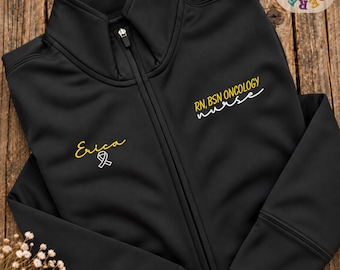 Oncology Nurse Embroidered Full Zip Fleece, Personalized RN BSN Name, Cancer Care Nursing Workwear and Nurse Gift
